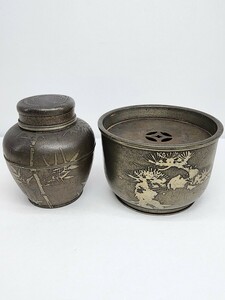 茶壺 萬寿堂造 茶こぼし 林亭瑞製 2点セット 古錫 錫製品 茶道具 煎茶道具 茶器 錫器 骨董