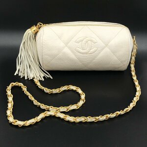 CHANEL シャネル ココマーク 本リザード フリンジ チェーン ショルダー バッグ 白 良品 M9304