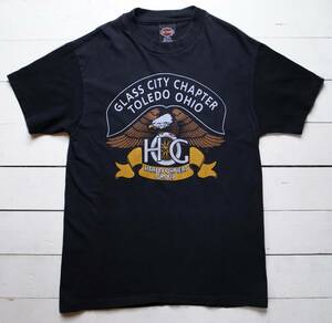 90s HARLEY DAVIDSON ハーレーダビッドソン イーグル オハイオ州旗 両面イーグル プリントTシャツ M 黒 ビンテージ 星条旗