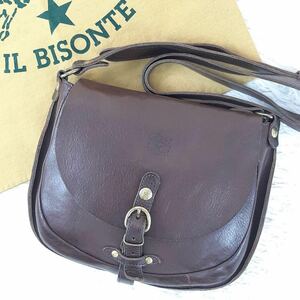 1円〜 【美品】IL BISONTE イルビゾンテ ショルダーバッグ エンボスロゴ ヌメ革 ゴールド金具 こげ茶 ダークブラウン