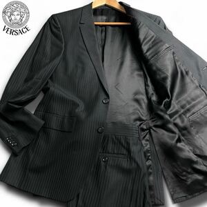 未使用級/XL/近年モデル ●VERSACE ヴェルサーチ メンズ ビジネス セットアップ シングル スーツ ストライプ 2B 裏地総柄 ブラック 50