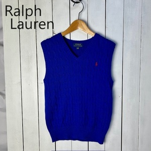 美品 Ralph Lauren コットンケーブルニットベスト 150 10-12 青 ポロ ラルフローレン キッズ M ブルー ●61