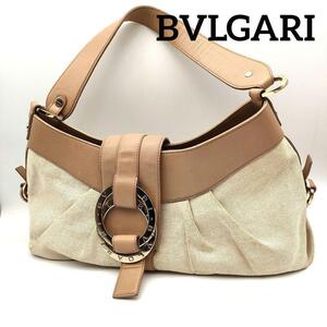 BVLGARI ブルガリ チャンドラ トート ハンド バッグ ベージュ レザー キャンバス 布 レディース ショルダー ベージュ ホワイト 大容量