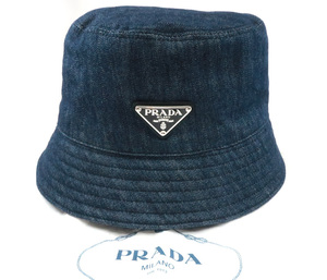 未使用 PRADA プラダ デニム バケットハット 現行モデル ICチップ 帽子 ネイビー エナメルメタル トライアングルロゴ 1HC137 /32788