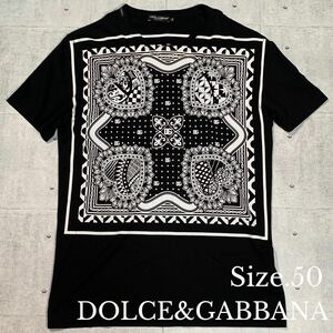 極美品/LLサイズ相当 50●22AW バンダナ柄 総柄 DOLCE&GABBANA ドルチェ＆ガッバーナ Tシャツ カットソー ブラック 黒