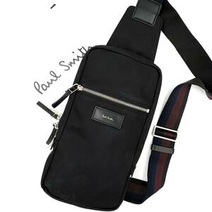 《美品》現行 Paul Smith ポールスミス メンズ ビジネス マルチストライプ クロスボディ ナイロン ボディバッグ ショルダーバッグ 黒