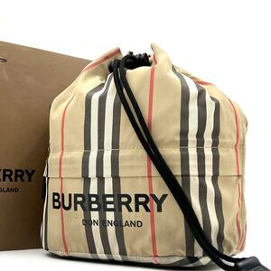 《現行》BURBERRY バーバリー アイコンストライプ 巾着 ポーチ ハンドバッグ ナイロン 手提げ ドローコード