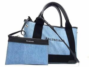 1円 ■美品■ BALENCIAGA バレンシアガ 390346 ネイビーカバス PVC×レザー 2WAY ハンドバッグ ショルダー ブルー系×ブラック系 AY6929