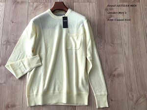 新品サンプル ARTISAN アルチザン【JAPAN MADE】カシミヤ100% 中厚手 ポケット付き クルーネックニット 18イエロー Mサイズ 34KP02 定価53,