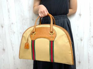 極美品 GUCCI グッチ ヴィンテージ ホースビット シェリーライン ボストンバッグ バッグ ナイロンキャンバス×レザー 茶系 A4可 72367Y