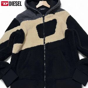 極美品/Lサイズ相当●DIESEL ディーゼル 極暖 ボア ジップアップ パーカー ブルゾン フリース ジャケット 切替 BIGロゴ D 近年 ブラック 黒