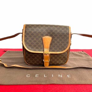 極 美品 CELINE セリーヌ ヴィンテージ マカダム ブラウン トリオンフ ロゴ レザー ミニ ショルダーバッグ ポシェット ブラウン 茶 56022