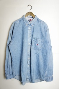 正規 90s 00s TOMMY HILFIGER トミーヒルフィガー 長袖 デニム シャツ 薄青 XL 本物 708N