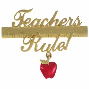 A9001◆【JJ】◆ Teachers Rule! 定規とリンゴ マットゴールドトーン 艶消し 赤いペイント ◆ ヴィンテージブローチ ◆