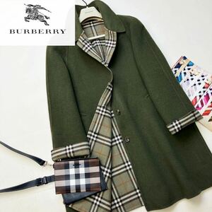 h15 参考価格18万●一枚袖◎超美品BURBERRY collection●ノバチェック総柄〜高級カシミヤステンカラーコート バーバリーコート レディース