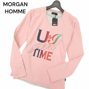 新品★ 未使用 MORGAN HOMME モルガン オム レイヤード風 ボーダー使い 長袖 プリント カットソー ロンTシャツ Sz.M　メンズ　C4T01606_2#C