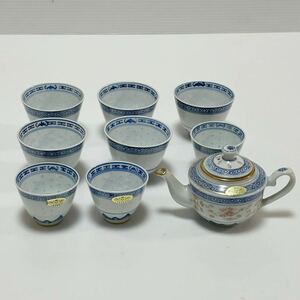 中国 景徳鎮 煎茶碗 急須 湯呑セット ホタル焼 蛍透かし 煎茶道具 染付 湯のみ茶碗 茶器 茶道具 骨董 コレクション　未使用あり合計9点