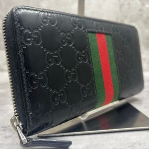 【極美品】GUCCI グッチ 長財布 ラウンドファスナー ジップ シェリーライン シマレザー 本革 ウォレット GG柄 メンズ ビジネス ブラック 黒