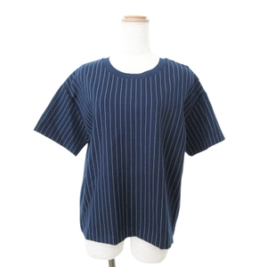 ローレンラルフローレン LAUREN RALPH LAUREN 美品 21ss ストライプ 半袖 カットソー Tシャツ 肩ボタンデザイン S/P 約S～Mサイズ 紺 ネイ