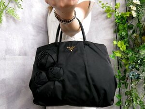 ●超美品●PRADA プラダ●ロゴ金具●ローズモチーフ●ポコノ ナイロン カーフ レザー 本革●ハンド トート バッグ●黒●G金具●B5●Js46905