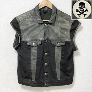 LA ROCKA! JOHNSONS スカルボタン レザー 切替 ベスト 黒 Mサイズ ラロッカ ジョンソンズ ドリル ジャケット PUNK VINTAGE 4110049