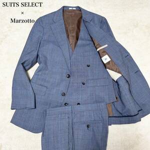 【夏の爽やかさ】SUITSSELECT × Marzotto スーツセレクト マルゾット 3ピーススーツセットアップ スリーピース グレンチェック 青 ブルー