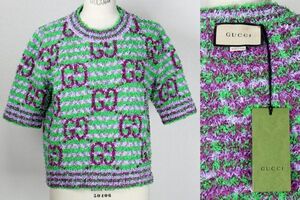 GUCCI giant gg monogram tweed sweater tops size L グッチ gg柄 モノグラム ボーダー ツイード ニット トップス b8715