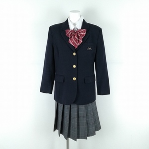 1円 ブレザー スカート リボン 上下4点セット 冬物 女子 学生服 中学 高校 紺 制服 中古 ランクC EY3434