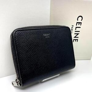 極美品 セリーヌ CELINE ジップミニウォレット 折り財布 ラウンドジップ wallet コンパクト ロゴ レザー ブラック コインケース