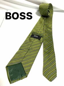 美品 ヒューゴボス BOSS ネクタイ グリーン系　ストライプ レジメンタル 柄　送料185円（追跡付）〜　ブランドネクタイ