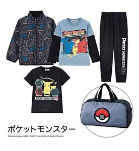 新品★ポケモン★バッグ付き！裏フリースジャケット重ね着風長袖T裏毛ロングパンツ半袖Tセット★130★ピカチュウ男の子幼稚園プレゼント