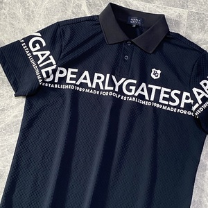 極美品 PEARLY GATES パーリーゲイツ 半袖 シアサッカー ポロシャツ ストレッチ 吸水速乾 メンズ 4 ネイビー ロゴ ゴルフウェア C625