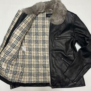 ■Lサイズ 極美品 BURBERRY BLACK LABEL ラビットファー ラムレザー 羊革 ライダースジャケット バーバリーブラックレーベル ノバチェック