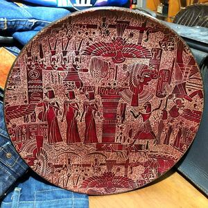 【即決/送料無料】 エジプト壁画レザートレー インテリレザープレート 革製飾り皿 直径36cm 中古 インテリア雑貨 エスニック雑貨