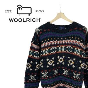 10M509◯ 90s Woolrich ウールリッチ ウール100% 総柄 ローゲージニット セーター 秋冬 ハンドニット 綺麗め メンズLサイズ