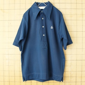 70s 80s USA製 Grand Slam MUNSINGWEAR ポリニット ポロシャツ メンズM ネイビー ブルー 半袖 アメリカ古着