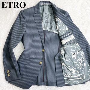 【極美品】ETRO エトロ テーラードジャケット シングル 二つボタン ストライプ 総柄 グレー ウール S メンズ レディース ビジネス 人気
