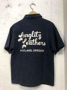 USA製 Langlitz Leathers ラングリッツレザー/ヘビーコットン ロゴプリント 半袖 ポロシャツM/紺/メンズ/ライダース/米国製　tシャツ生地