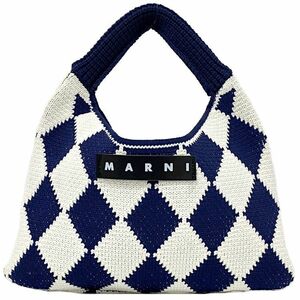 マルニ ハンドバッグ マーケット スモール ネイビー ホワイト 美品 セミショルダー バッグ ニット 中古 MARNI