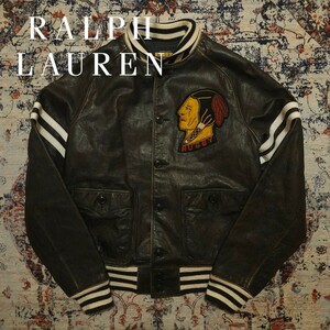 【超希少】 Ralph Lauren Rugby All Leather Varsity Jacket 【L】 オール レザー バーシティ ジャケット スタジャン 茶芯 牛革 RRL 肉厚