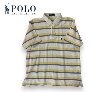 【美品】POLO RALPH LAUREN ポロ ラルフローレン コットン 半袖 ポロシャツ ボーダー ストライプ ホワイト イエロー Lサイズ