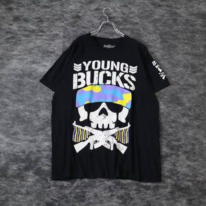 T212 YOUNG BUCKS Big LOGO Print PRO WRESTLING Black Tee ロゴ 髑髏 プリント プロレス Tシャツ クルーネック 黒 ブラック L