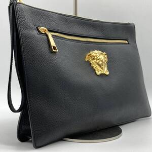 【レア 美品 A4可】VERSACE ヴェルサーチ セカンドバッグ メデューサ クラッチバッグ ブラック ビジネス シボ革 レザー 