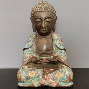 秘蔵 中國 清代 チベット仏 銅製 景泰藍 琺瑯彩 釈迦の像 仏像 仏教古美術 供養品 細密彫 置物 時代物 中国古美術