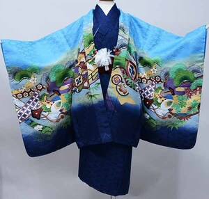 七五三 五歳 男児 羽織・着物・襦袢3点セット 綸子地 金刺繍 青地×紺 鷹 5歳 五才 5才 男の子 祝着 新品（株）安田屋 NO40393-1