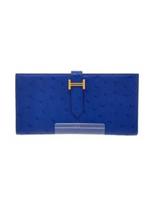 HERMES◆ベアン スフレ オーストリッチ Y刻印/長財布/レザー/BLU/メンズ/G金具