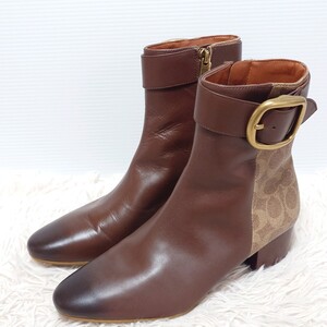 COACH Cassandra Bootie シグネチャー コーチ サイドジッパー レザー ブーツ 靴 US7.5B 24.5cm ヒール高さ約4.5cm レディース ブラウン 茶