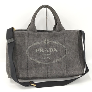 【中古】PRADA カナパトート 2WAYハンドバッグ デニムキャンバス グレー 1BG642