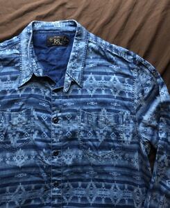 【名作】極美品 RRL NATIVE INDIGO WESTERN SHIRT ダブルアールエル インディゴ ネイティブ ストライプ ウエスタンシャツ シャツ L