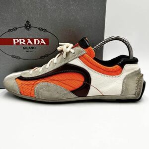 1円 【美品】 PRADA プラダ 【圧倒的高級感】 メンズ ドライビングシューズ スニーカー シューズ 靴 オレンジ レザー スエード 25cm相当